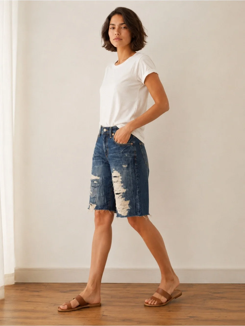 Madewell NWT Distressed Patchwork Denim Bermuda Shorts Size 26